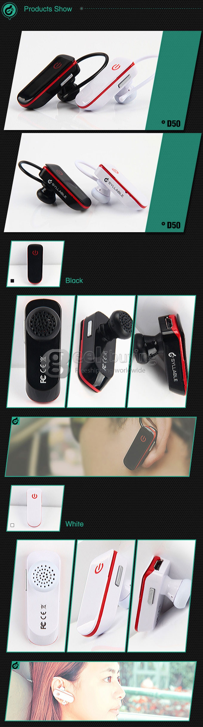 Syllable D50-001 Bluetooth 3.0 Noise Reduction Cancellation Handsfree Headset for Android iOS iPhone 6 Plus - Black