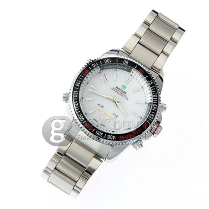 WeiDe WH-903 Analog and Digital Dual-Display Silver Steel Watchband Men's Wrist Watch - White