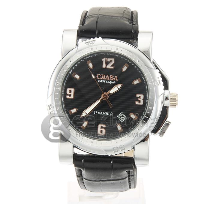 Men's Analog Mechanical Wrist Watch with Black Leather Band - Black