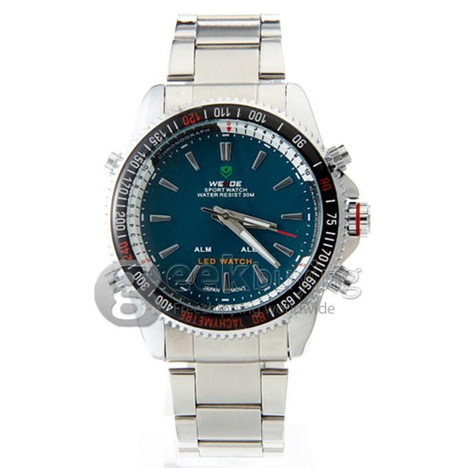 WeiDe WH-903 Analog and Digital Dual-Display Silver Steel Watchband Men's Wrist Watch - Blue