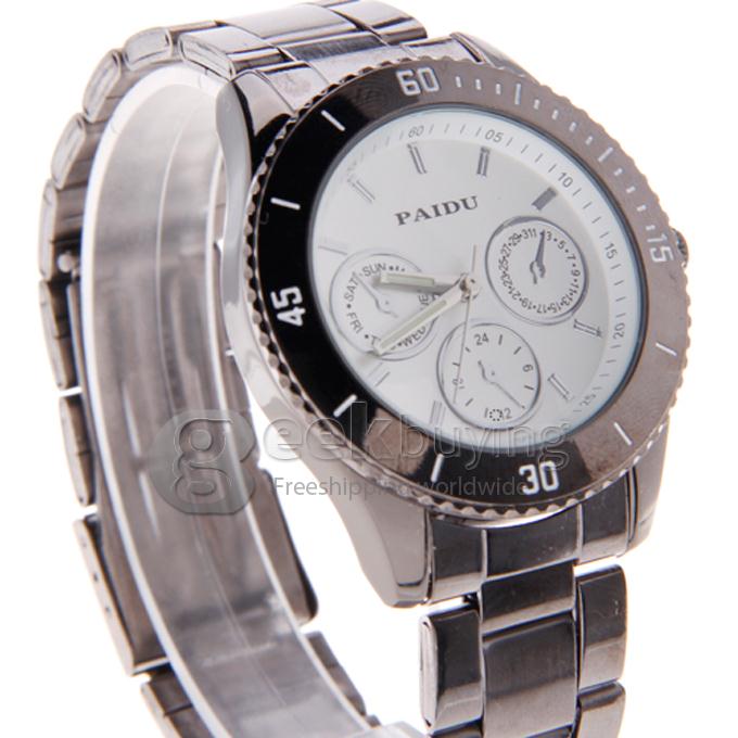 Paidu Black Steel Band Analog Quartz Men's Wrist Watch - White