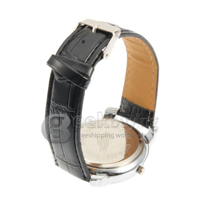 Roman Numerals Men's Analog PU Black Band Quartz Wrist Watch - Black