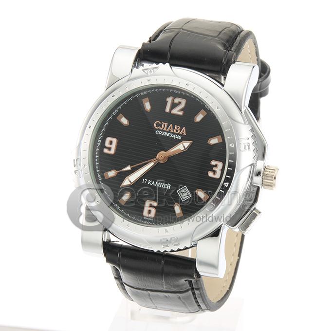 Men's Analog Mechanical Wrist Watch with Black Leather Band - Black