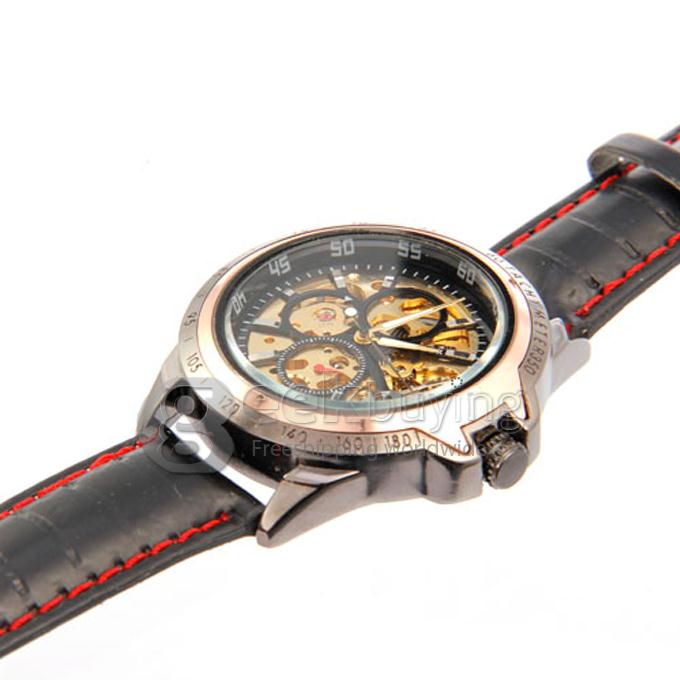 Men's Analog Mechanical Hollow Wrist PU Band Watch - Black