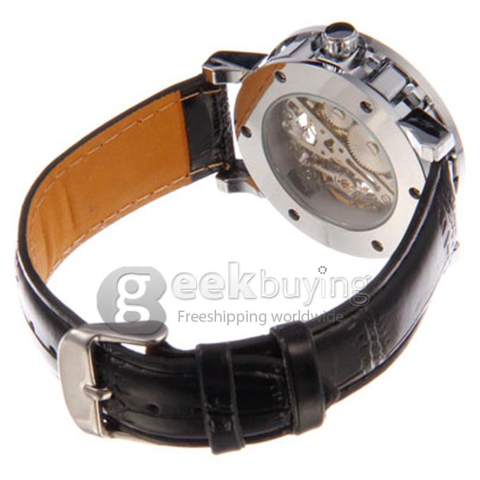 Winner Unisex Semi-Mechanical Hollow Engraving Analog Wrist Watch with Black PU Watchband Silver Case Rose Gold Dial