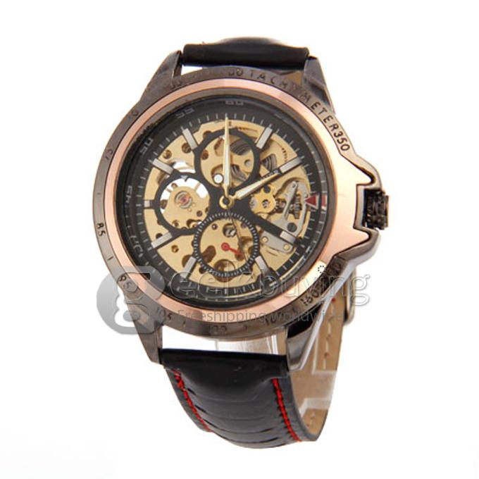 Men's Analog Mechanical Hollow Wrist PU Band Watch - Black