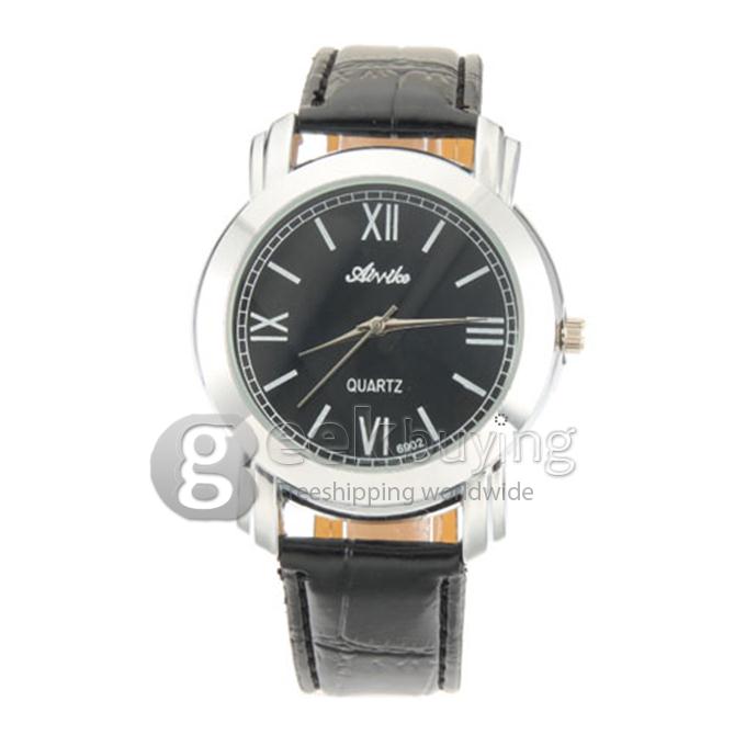 Roman Numerals Men's Analog PU Black Band Quartz Wrist Watch - Black