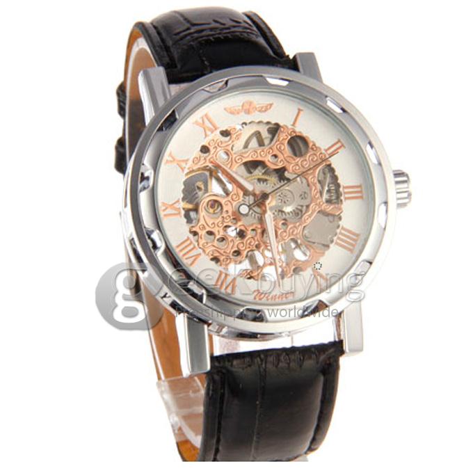Winner Unisex Semi-Mechanical Hollow Engraving Analog Wrist Watch with Black PU Watchband Silver Case Rose Gold Dial