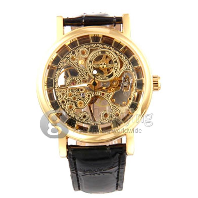 Winner Semi-Mechanical Hollow Engraving Analog Unisex Wrist Watch with Black PU Watchband - Gold