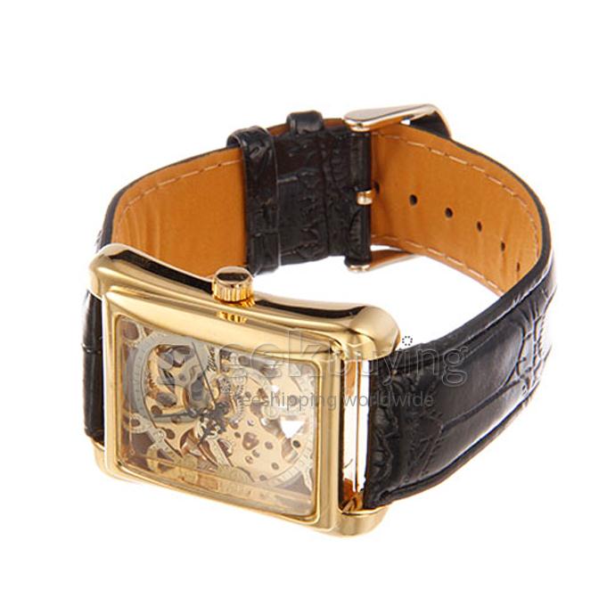 Men's Manually Mechanical Hollow Square Dial Analog PU Wrist Watch - Golden