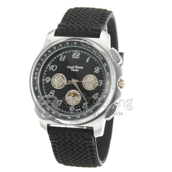 Men's Analog Silicone Band Quartz Wrist Watch with Tachymeter - Black
