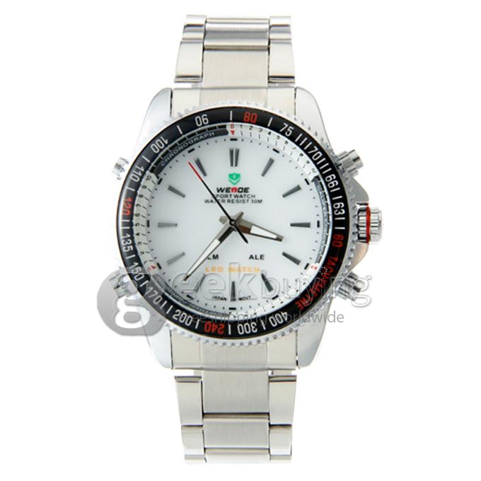 WeiDe WH-903 Analog and Digital Dual-Display Silver Steel Watchband Men's Wrist Watch - White