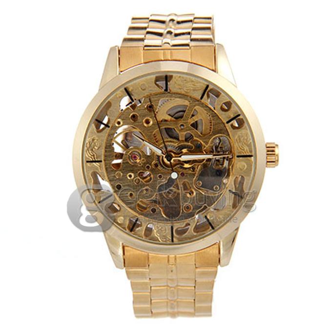 Winner Hollow Round Dial Mechanical Men's Casual Wrist Watch - Gold