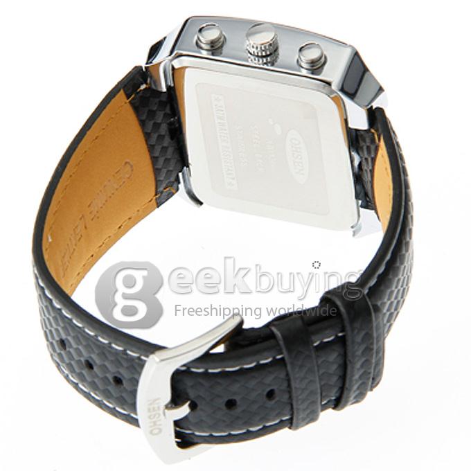 OHSEN AD0930 Analog-Digital Multi-Functional Fashion Dial Unisex Wrist Watch with Black PU Watchband - Black