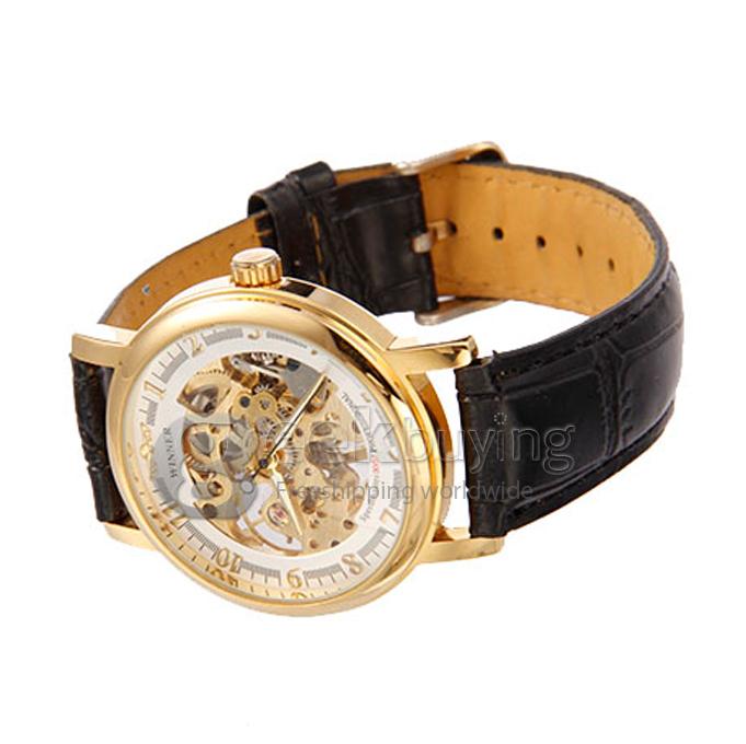 Men's Mechanical Analog Hollow PU Wrist Round Dial Watch - Golden