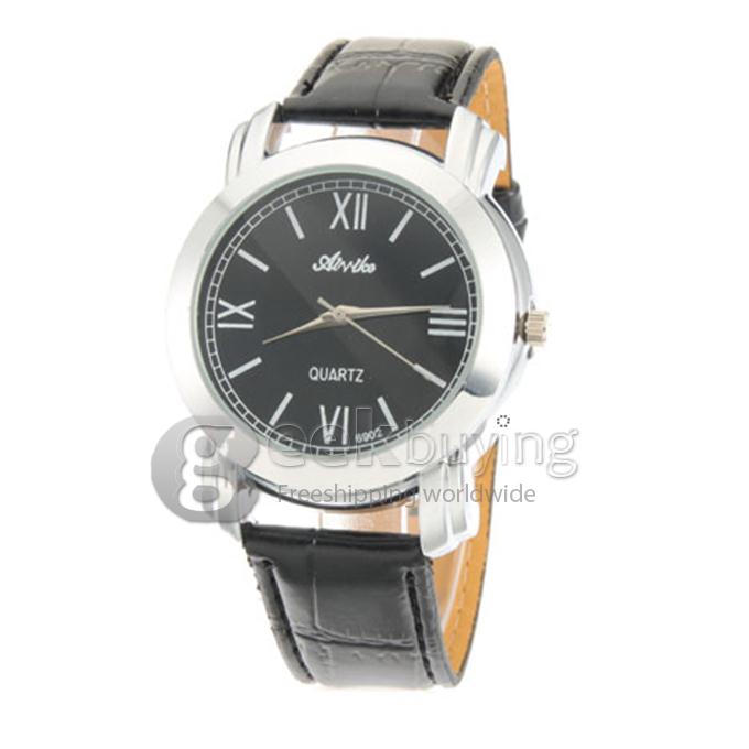 Roman Numerals Men's Analog PU Black Band Quartz Wrist Watch - Black