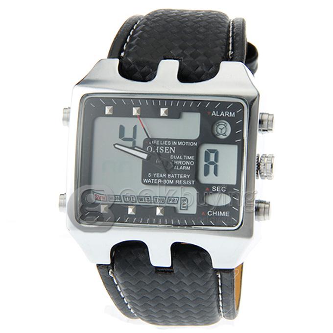 OHSEN AD0930 Analog-Digital Multi-Functional Fashion Dial Unisex Wrist Watch with Black PU Watchband - Black