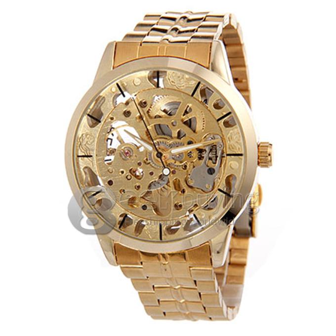 Winner Hollow Round Dial Mechanical Men's Casual Wrist Watch - Gold