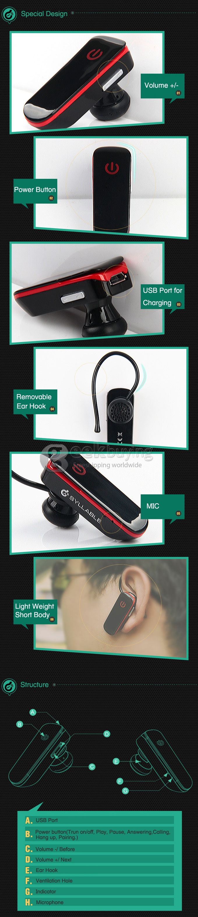 Syllable D50-001 Bluetooth 3.0 Noise Reduction Cancellation Handsfree Headset for Android iOS iPhone 6 Plus - Black