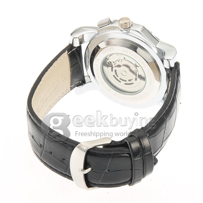 Men's Analog Mechanical Wrist Watch with Black Leather Band - Black