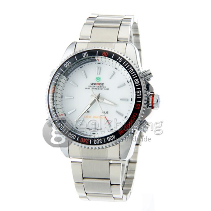 WeiDe WH-903 Analog and Digital Dual-Display Silver Steel Watchband Men's Wrist Watch - White