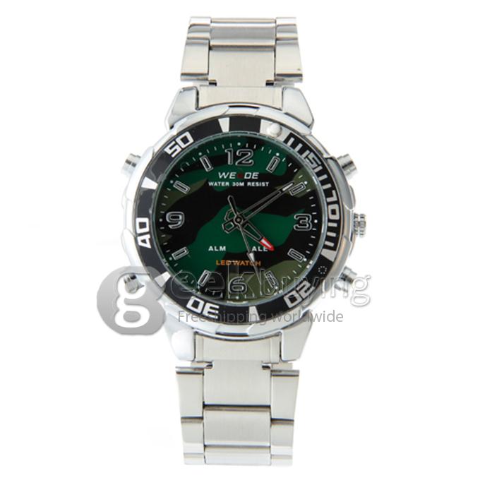 WeiDe WH-843 Analog and Digital Dual-Display Men's Wrist Watch with Silver Steel Watchband - Green