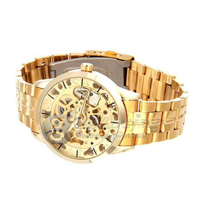 Winner Hollow Round Dial Mechanical Men's Casual Wrist Watch - Gold