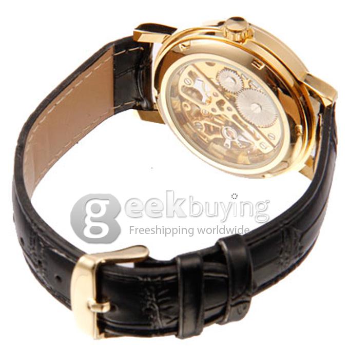 Winner Semi-Mechanical Hollow Engraving Analog Unisex Wrist Watch with Black PU Watchband - Gold