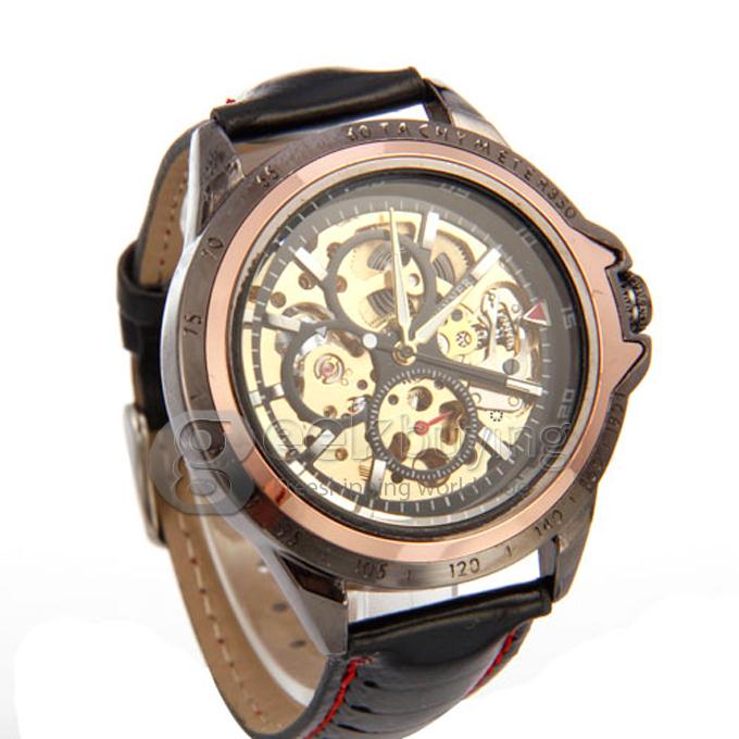 Men's Analog Mechanical Hollow Wrist PU Band Watch - Black