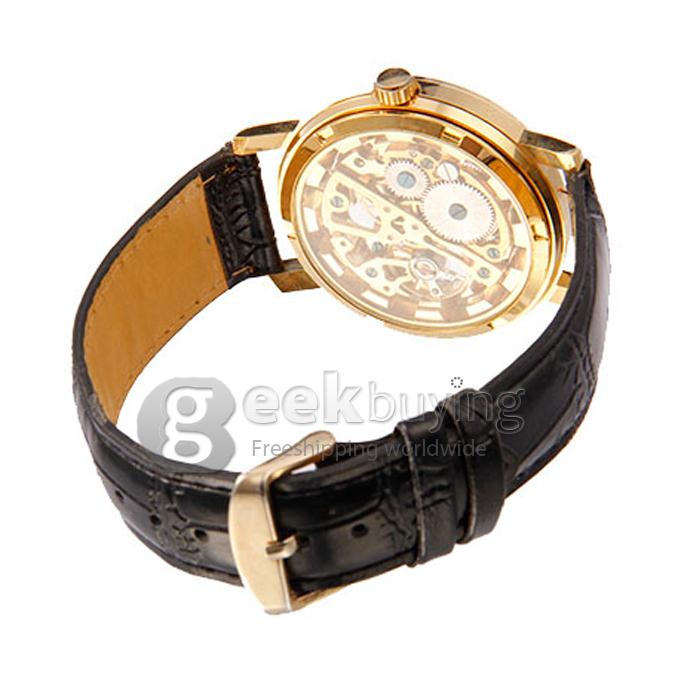 Men's Mechanical Analog Hollow PU Wrist Round Dial Watch - Golden