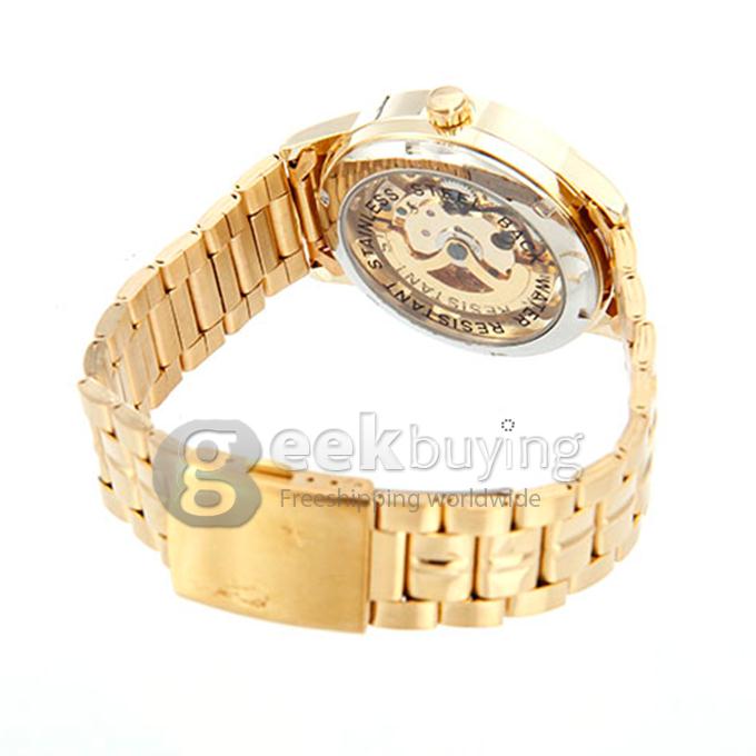 Winner Hollow Round Dial Mechanical Men's Casual Wrist Watch - Gold