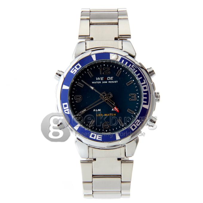 WeiDe WH-843 Analog and Digital Dual-Display Men's Wrist Watch with Silver Steel Watchband - Blue