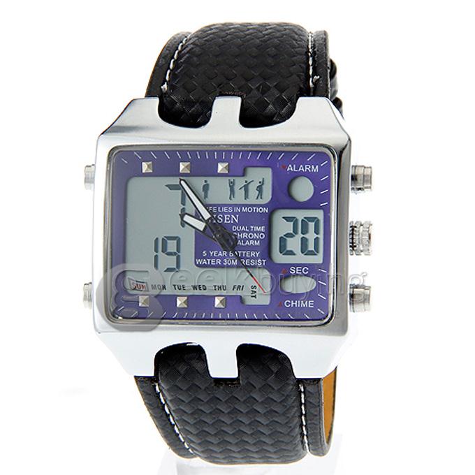 OHSEN AD0930 Analog-Digital Multi-Functional Fashion Dial Unisex Wrist Watch with Black PU Watchband - Blue