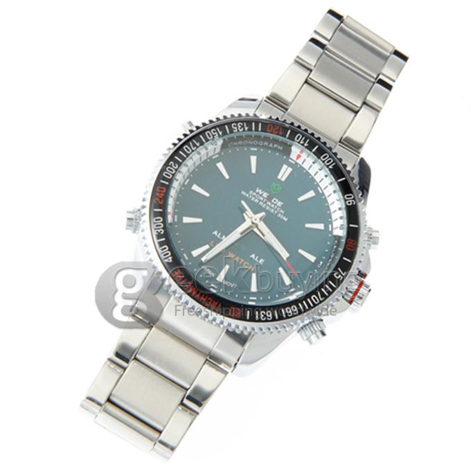 WeiDe WH-903 Analog and Digital Dual-Display Silver Steel Watchband Men's Wrist Watch - Blue
