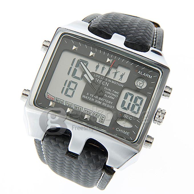 OHSEN AD0930 Analog-Digital Multi-Functional Fashion Dial Unisex Wrist Watch with Black PU Watchband - Black