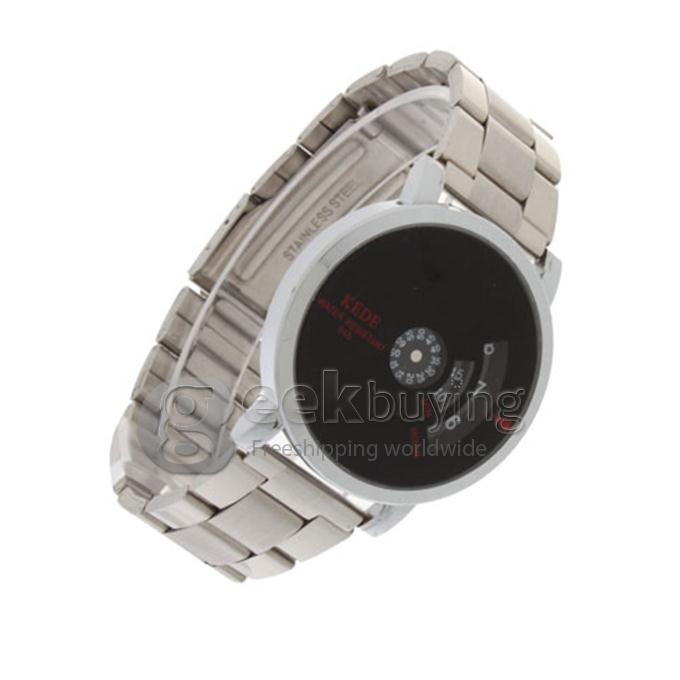 KEDE Analog Unisex Binary Display Black Dial Silver Alloy Band Wrist Watch - Black