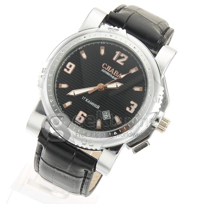 Men's Analog Mechanical Wrist Watch with Black Leather Band - Black
