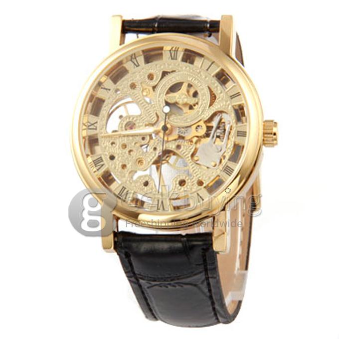 Winner Semi-Mechanical Hollow Engraving Analog Unisex Wrist Watch with Black PU Watchband - Gold