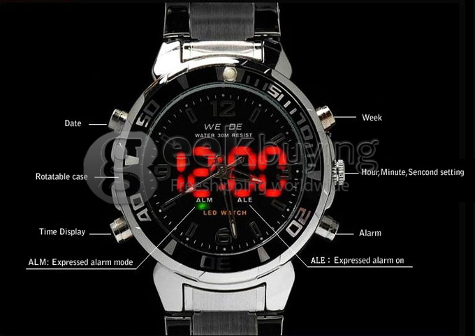 WeiDe WH-843 Analog and Digital Dual-Display Men's Wrist Watch with Silver Steel Watchband - Green