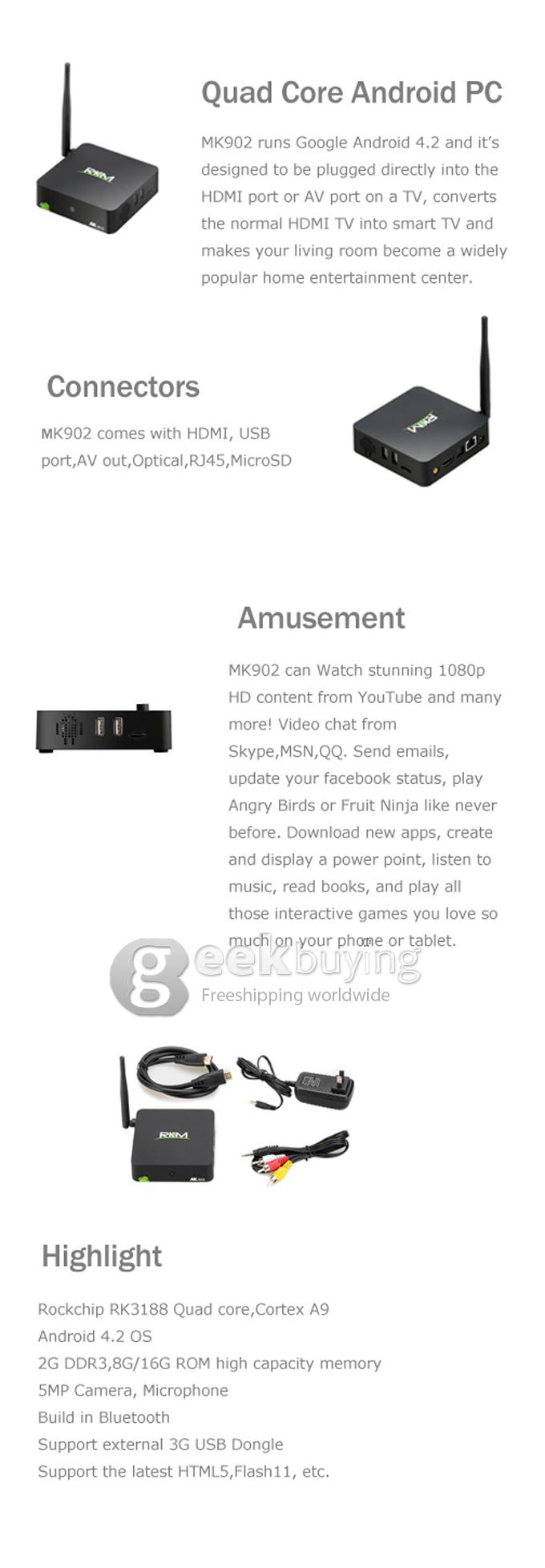 Rikomagic RKM MK902 RK3188 Cortex-A9 1.6GHZ Quad Core Google Android 4.2 Mini TV BOX 2G/8G Bluetooth 5.0 MP Camera MIC External WIFI Antenna - Black