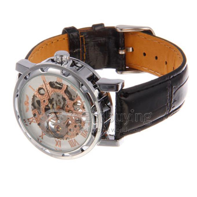 Winner Unisex Semi-Mechanical Hollow Engraving Analog Wrist Watch with Black PU Watchband Silver Case Rose Gold Dial