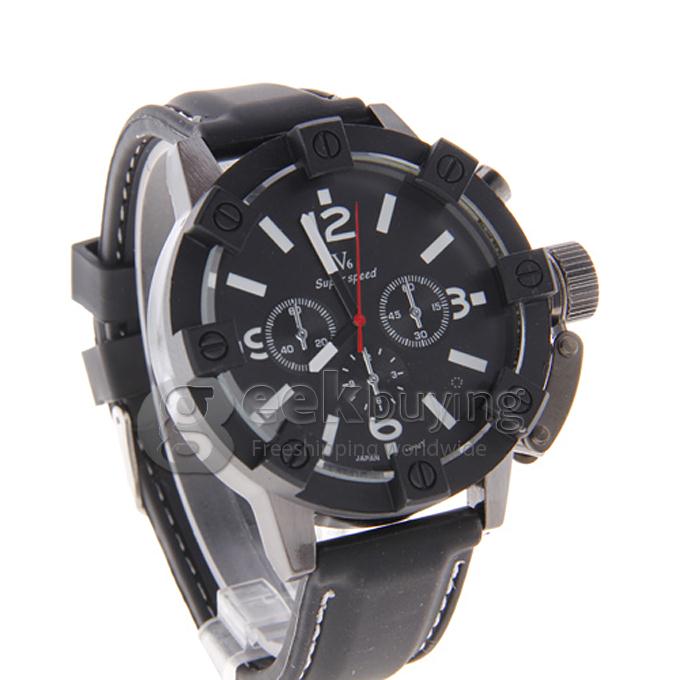 V6 Men's Analog Round Dial Black Silicone Watchband Quartz Wrist Watch - White