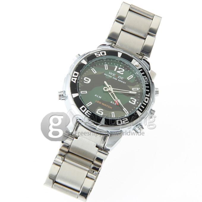 WeiDe WH-843 Analog and Digital Dual-Display Men's Wrist Watch with Silver Steel Watchband - Green