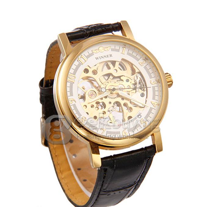 Men's Mechanical Analog Hollow PU Wrist Round Dial Watch - Golden