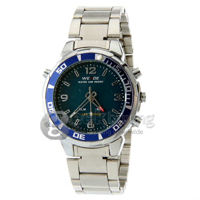 WeiDe WH-843 Analog and Digital Dual-Display Men's Wrist Watch with Silver Steel Watchband - Blue