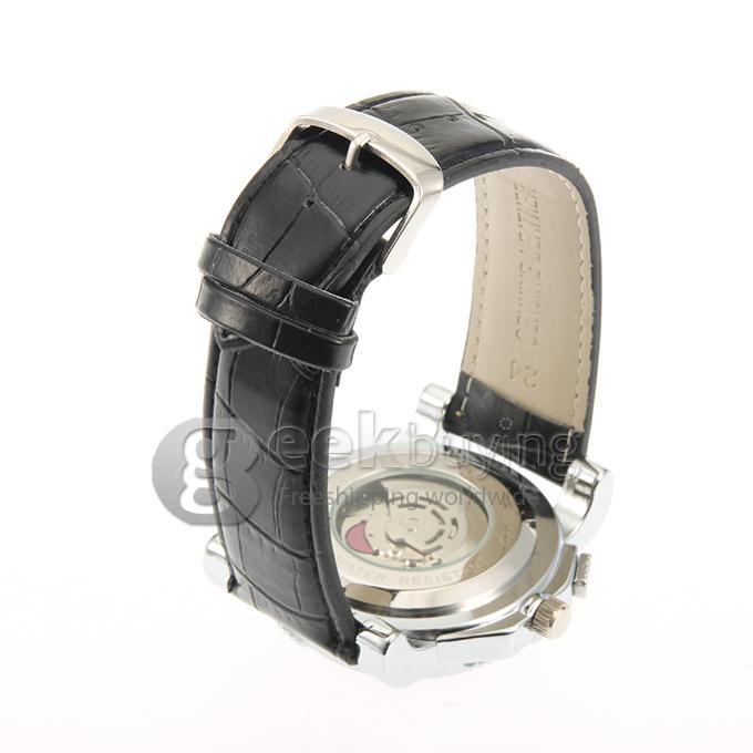 Men's Analog Mechanical Wrist Watch with Black Leather Band - Black
