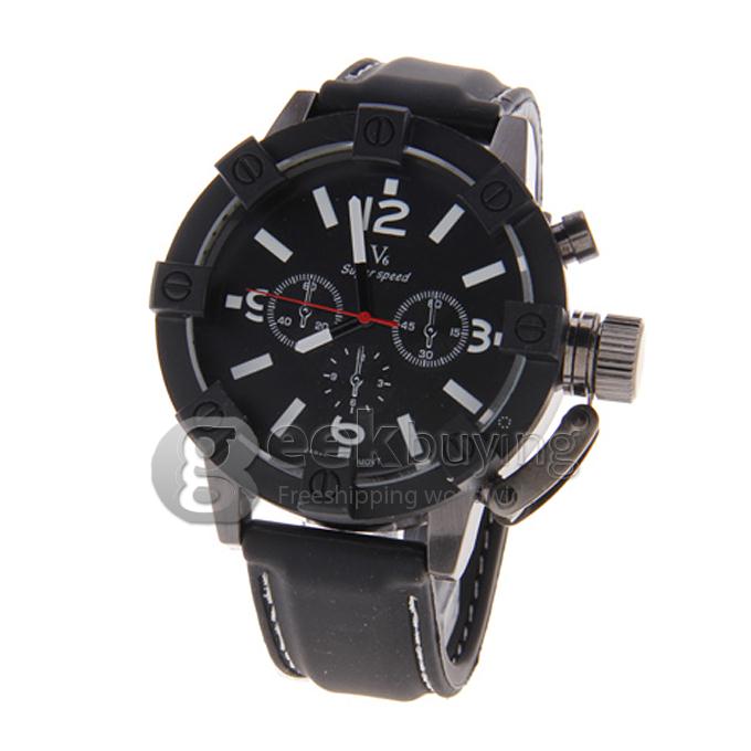 V6 Men's Analog Round Dial Black Silicone Watchband Quartz Wrist Watch - White