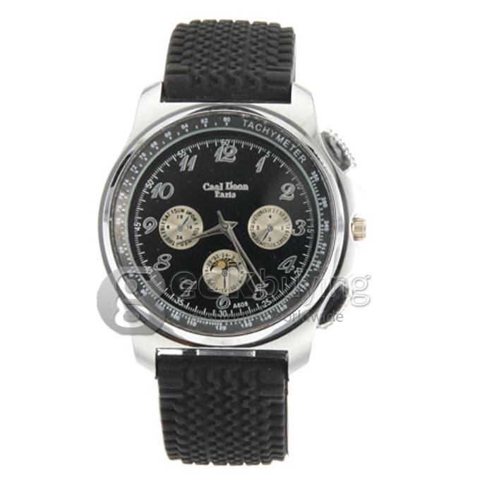 Men's Analog Silicone Band Quartz Wrist Watch with Tachymeter - Black