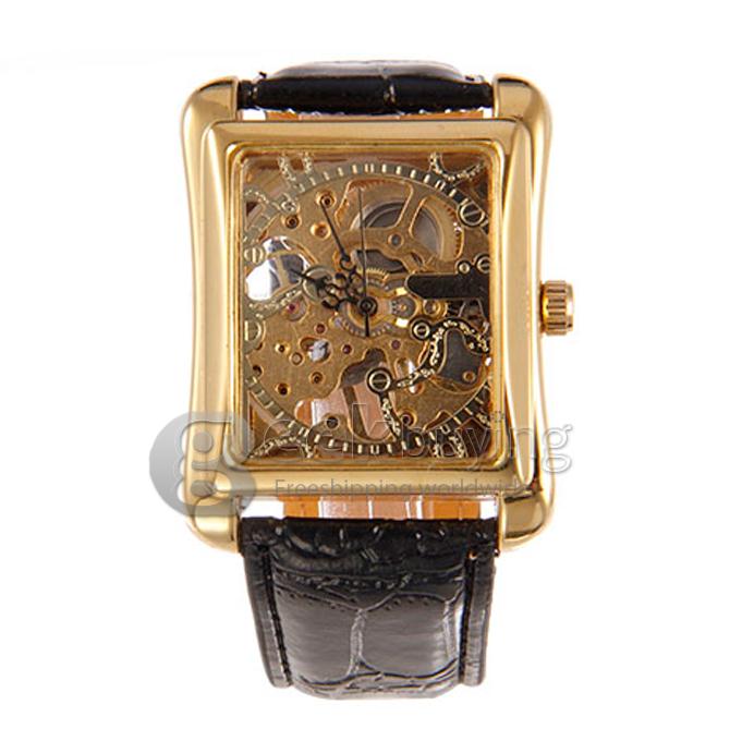 Men's Manually Mechanical Hollow Square Dial Analog PU Wrist Watch - Golden