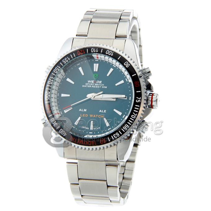 WeiDe WH-903 Analog and Digital Dual-Display Silver Steel Watchband Men's Wrist Watch - Blue